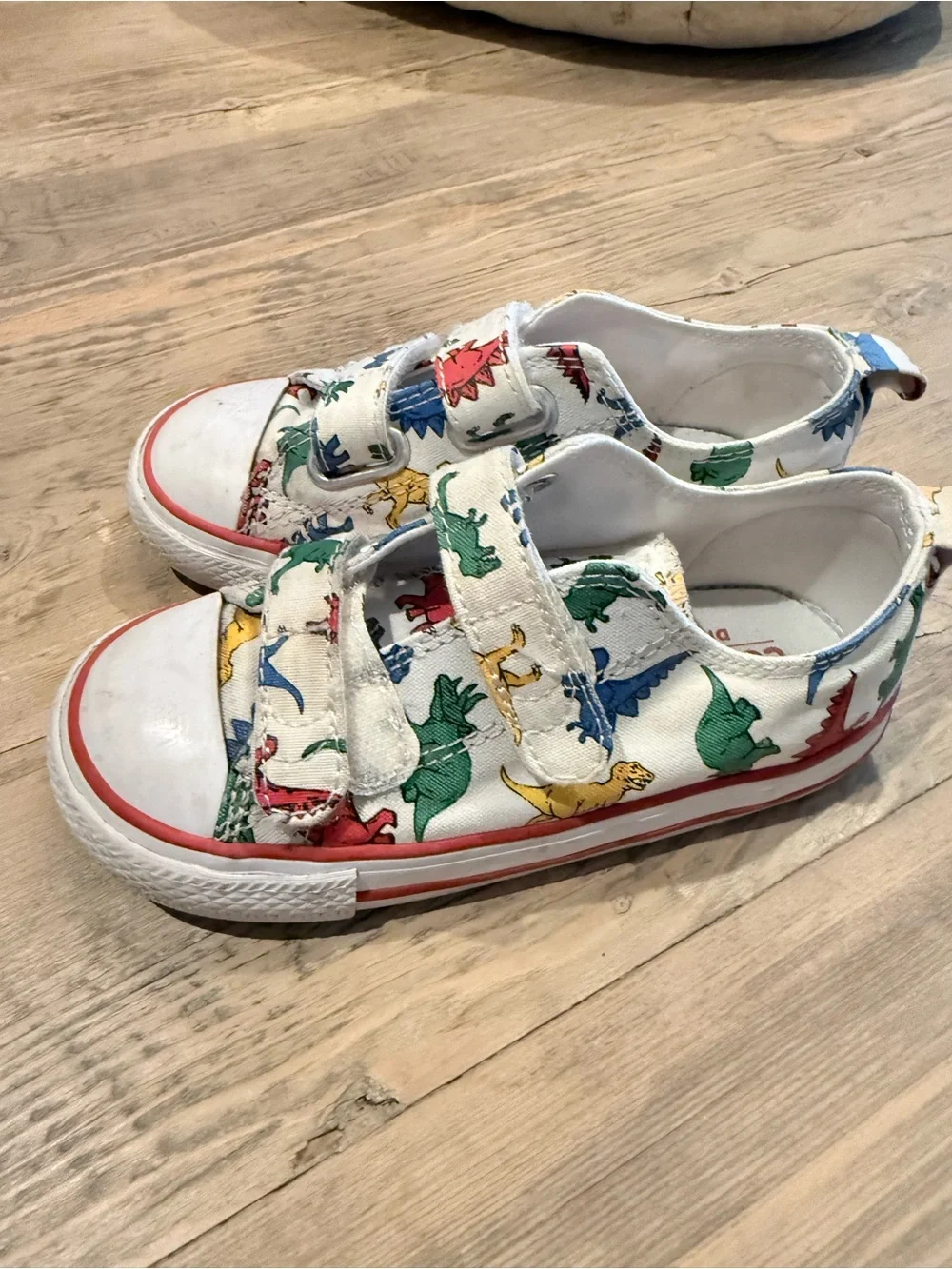 Kids White Canvas Sneakers with Colorful Dinosaur Print